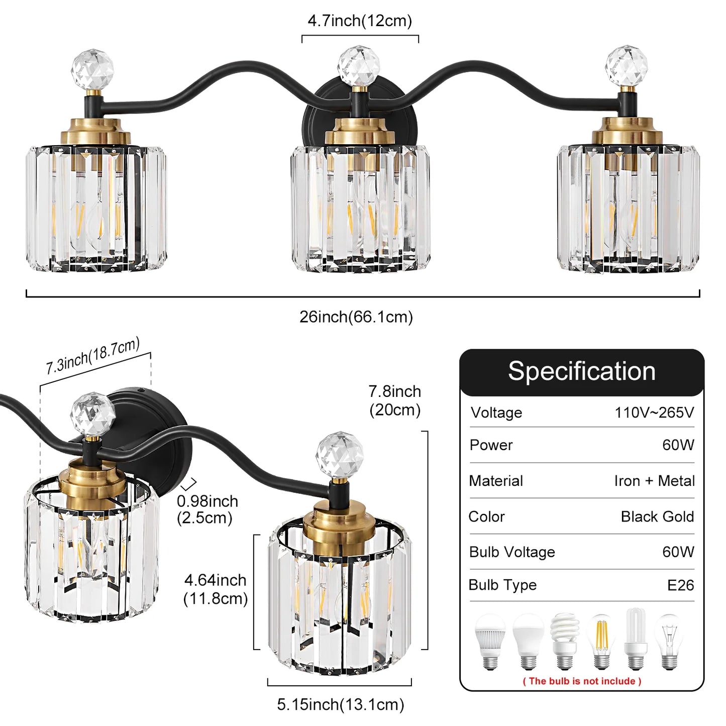 Deyidn 26" Modern 3-Light Black Gold Bathroom Vanity Light - Dimmable Bathroom Transitional Fixture with Crystal Glass Shades