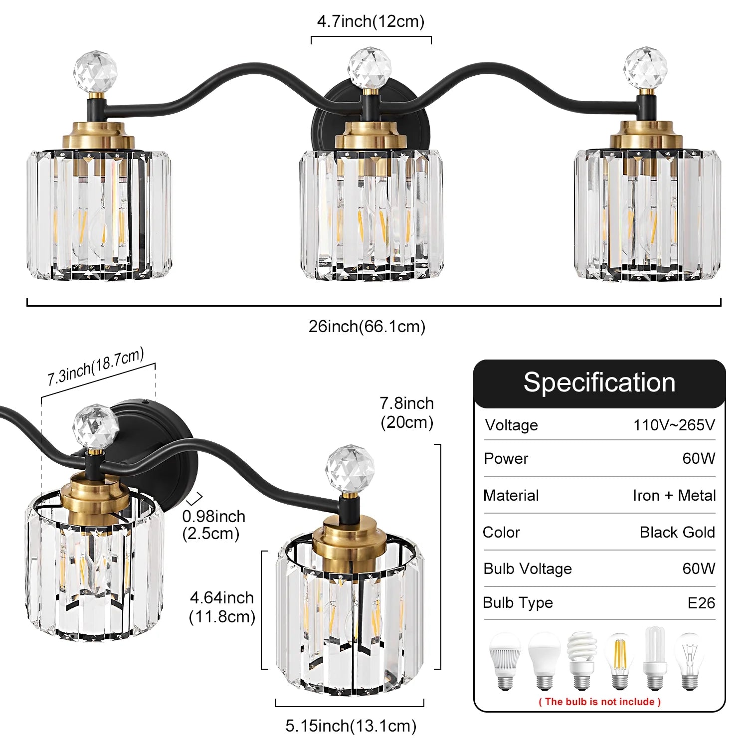 Deyidn 26" Modern 3-Light Black Gold Bathroom Vanity Light - Dimmable Bathroom Transitional Fixture with Crystal Glass Shades