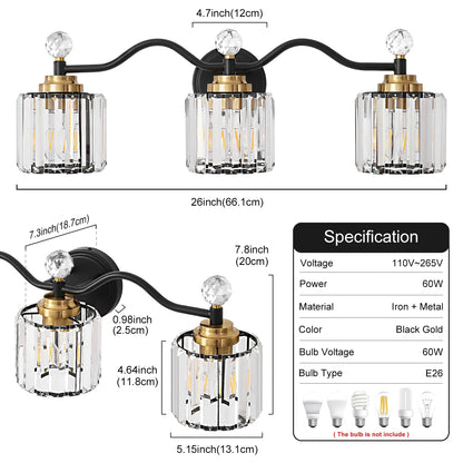 Deyidn 26" Modern 3-Light Black Gold Bathroom Vanity Light - Dimmable Bathroom Transitional Fixture with Crystal Glass Shades
