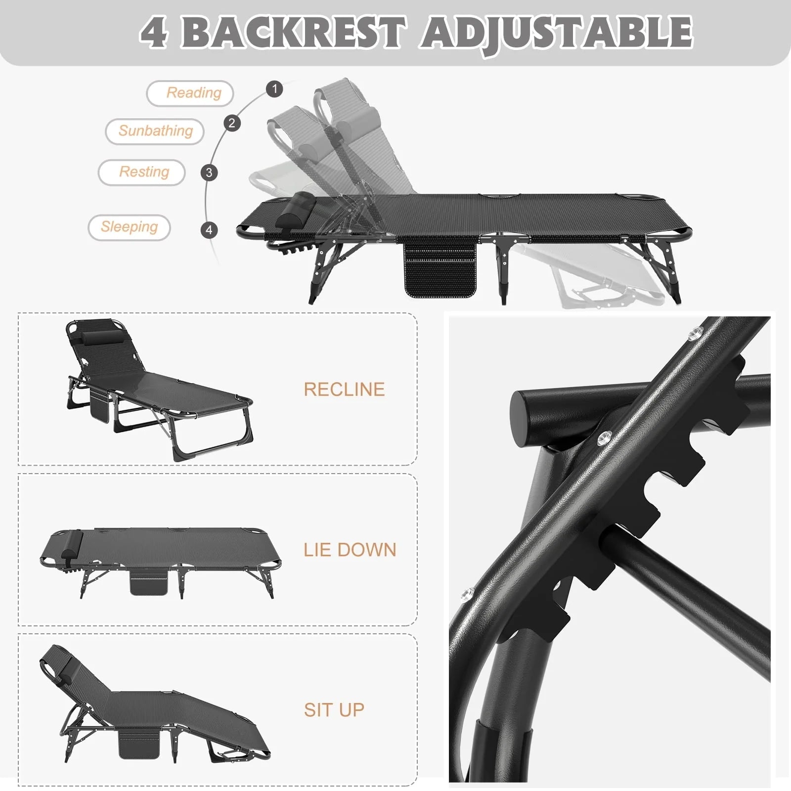 MOPHOTO 75" Adult Camping Cot Folding Cot, Portable Heavy Duty Adjustable 4-Position Sleeping Bed, Outdoor Patio Folding Lounge Chair for Sunbathing with Mattress