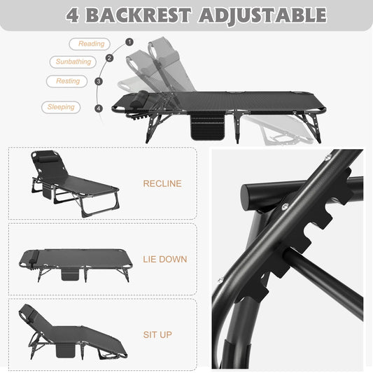 MOPHOTO 75" Adult Camping Cot Folding Cot, Portable Heavy Duty Adjustable 4-Position Sleeping Bed, Outdoor Patio Folding Lounge Chair for Sunbathing with Mattress