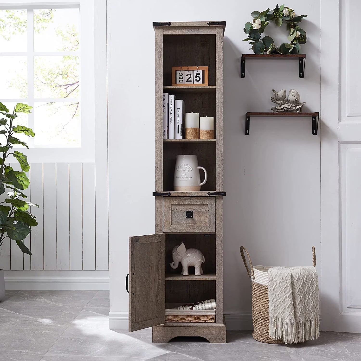 OKD 68" H Farmhouse Bathroom Storage Cabinet Organizer with Adjustable Shelves and Drawer, Dark Rustic Oak