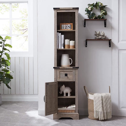 OKD 68" H Farmhouse Bathroom Storage Cabinet Organizer with Adjustable Shelves and Drawer, Dark Rustic Oak