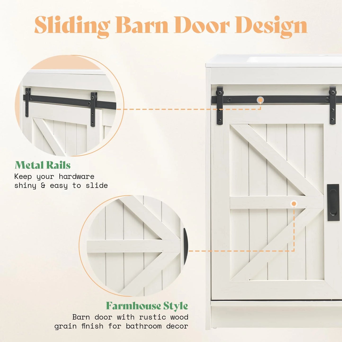 VANACC 31" Farmhouse Sliding Barn Door Bathroom Vanity with Sink Combo, Bathroom Cabinet with Drawers & Metal Handles, Freestanding, Distressed White