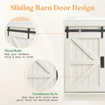 VANACC 31" Farmhouse Sliding Barn Door Bathroom Vanity with Sink Combo, Bathroom Cabinet with Drawers & Metal Handles, Freestanding, Distressed White