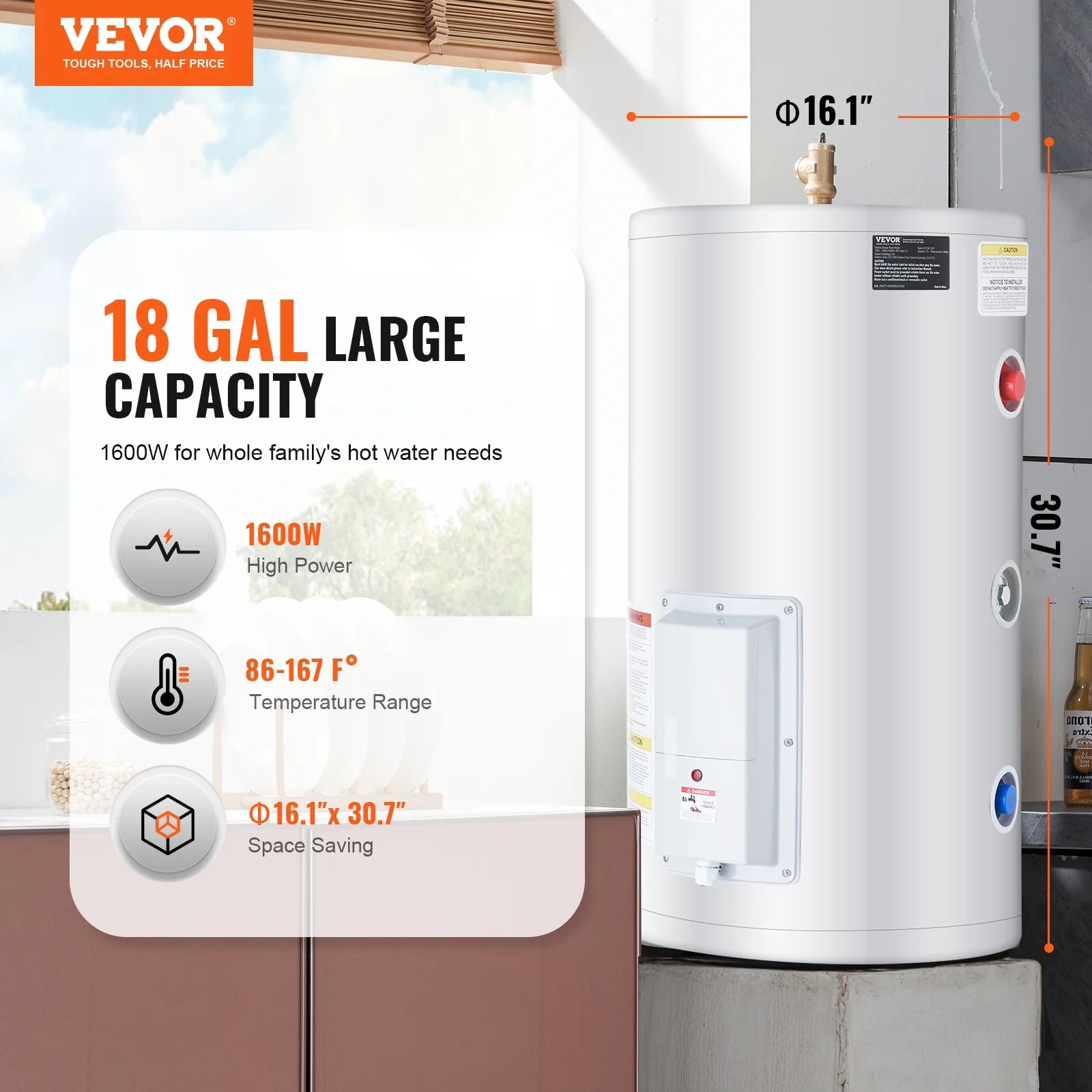 VEVOR Electric Water Heater, 18 Gallon Tank Instant Hot Water Heater, 1.6Kw Tankless Water Heater w/ LED Display,Knob Control, IPX4 Waterproof Side Connection On Demand Heaters for Shower, Bath