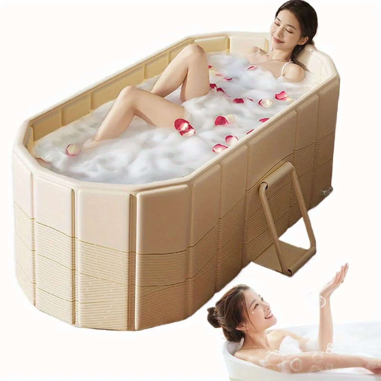 Foldable Portable Hot Tub - Large Collapsible Spa with Non-Slip Mat, 5 Bath Bags & Drain Pipe - Perfect for Adults & Families