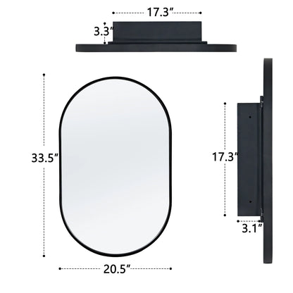 Soges Oval Bathroom Mirror Cabinet Medicine Cabinet Iron Frame with 2 Adjustable Shelves, Recess or Surface Mounted Installation, 34" x 20", Black