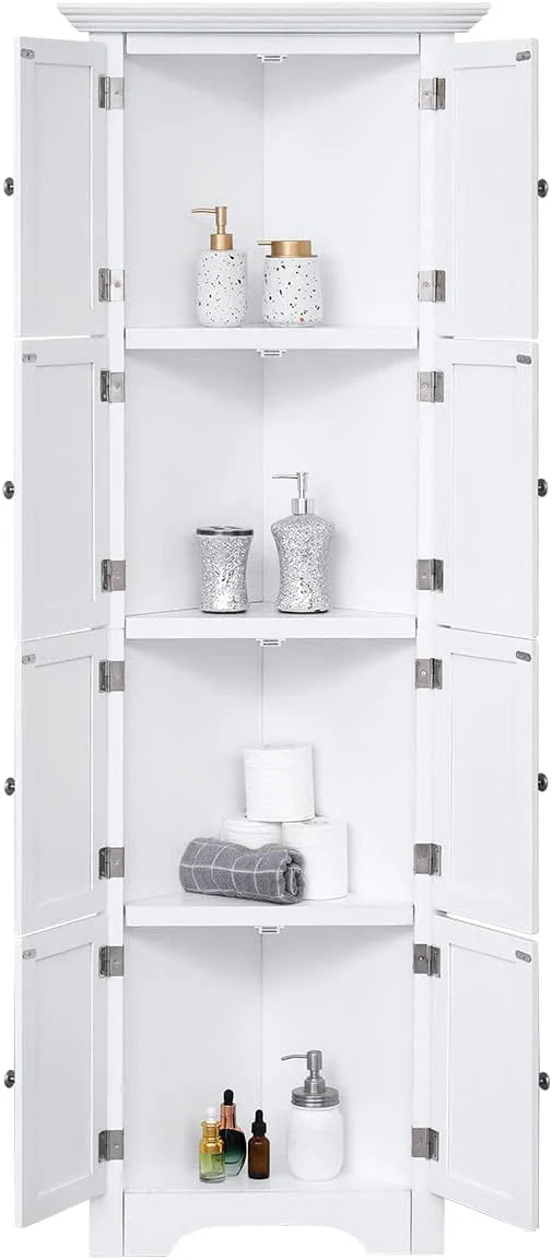 Yoleny Corner Storage Cabinet, Corner Hutch Cabinet with 8 Doors Organizer Solid Wood 90 Degree Storage Cabinet for Bathroom, Living Room, Kitchen, White