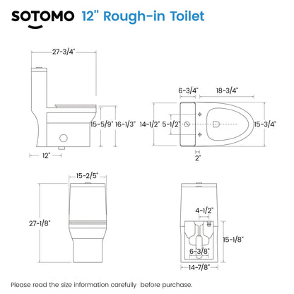 SOTOMO Elongated One Piece Toilet, Compact Design for Bathrooms, 1.1/1.6 GPF Dual Flush toilet, MAP 1000g, 12" Rough-In, Soft-Close & Quick Release Seat, 27.75"D x 15.4"W x 27.13"H
