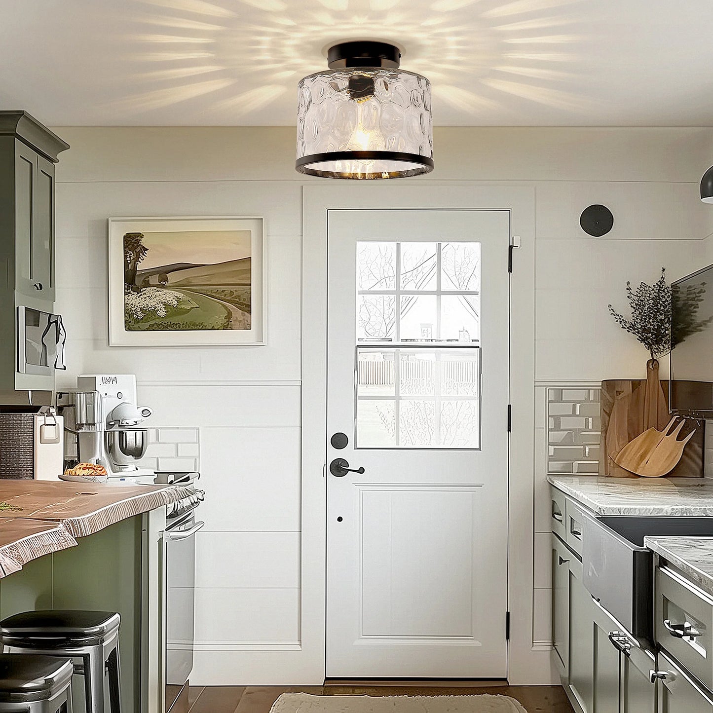 LOHASLED Industrial Semi Flush Mount Ceiling Light with Clear Hammered Glass,Black ,Modern Lighting for Hallway, Porch, Kitchen, Bathroom, Bedroom