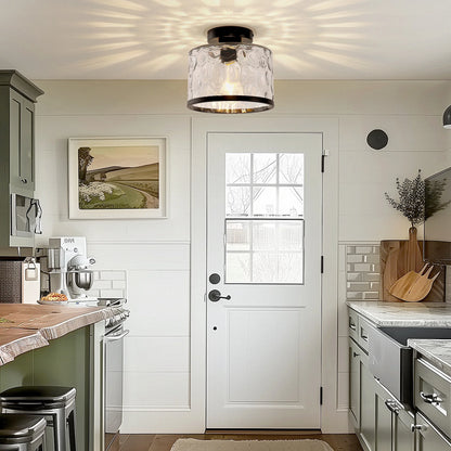 LOHASLED Industrial Semi Flush Mount Ceiling Light with Clear Hammered Glass,Black ,Modern Lighting for Hallway, Porch, Kitchen, Bathroom, Bedroom