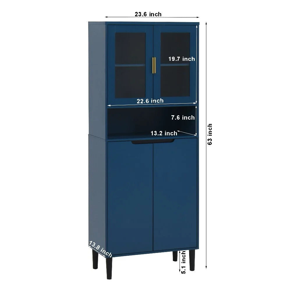 Kepooman Tall Storage Show Cabinet with 2 Glass Display Door & 2 Doors, Tall Kitchen Pantry Cabinet with Gold Handles, Modern Cabinet Freestanding for Bathroom, Dining Living Room, Blue