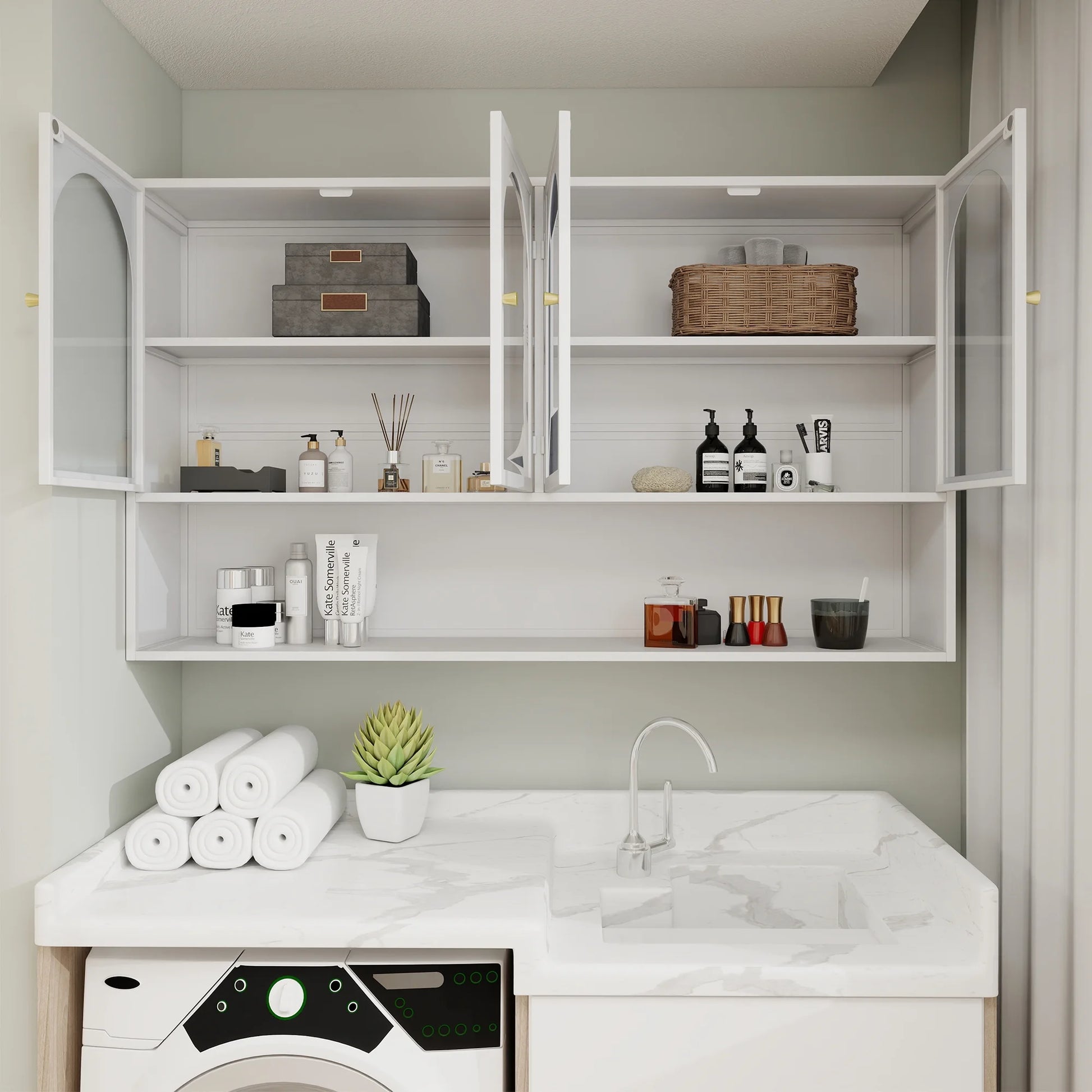 MDQMD White Wall Mounted Medicine Cabinet with Large Storage for Bathroom,Wall Cabinet with Glass Doors and Gold Handle for Kitchen