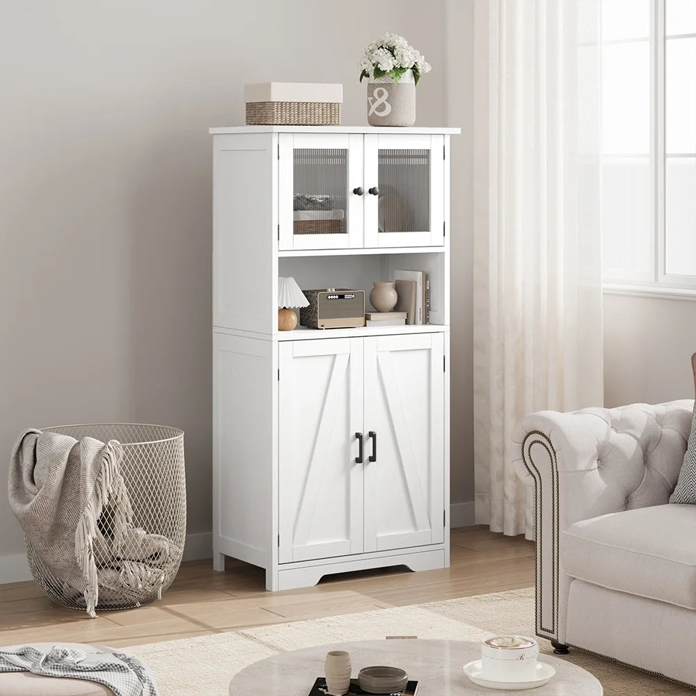 WhizMax Storage Cabinet with Glass Doors and Adjustable Shelves, Bathroom Cabinet, Freestanding Kitchen Pantry Cabinet for Living Room, Dining Room,White