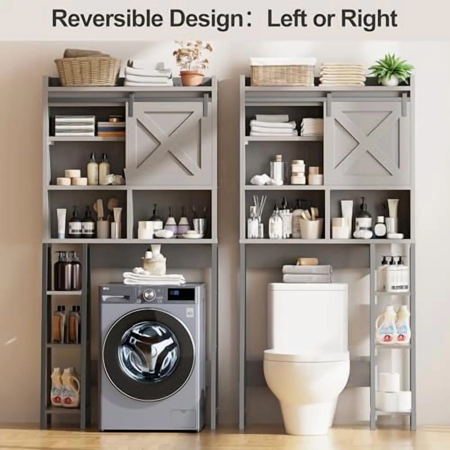 Over The Toilet Storage Cabinet, Farmhouse Storage Cabinet Over Toilet with Sliding Barn Doors, Freestanding Bathroom Organizer Shelf Space Saving, Grey