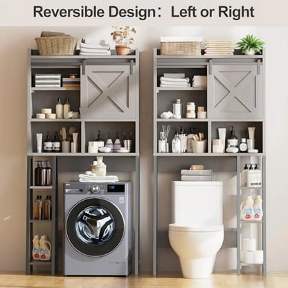 Over The Toilet Storage Cabinet, Farmhouse Storage Cabinet Over Toilet with Sliding Barn Doors, Freestanding Bathroom Organizer Shelf Space Saving, Grey