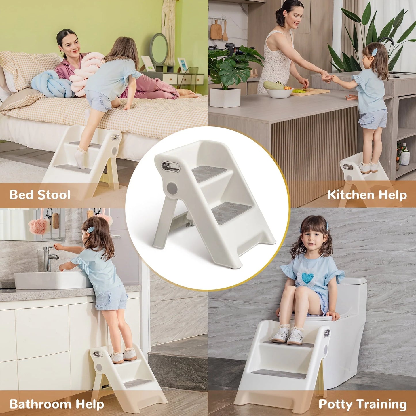 UNCLE WU Folding 2 Step Stool for Kids -Potty Training Stool for Kitchen Helper,Bathroom,Bedroom (White)