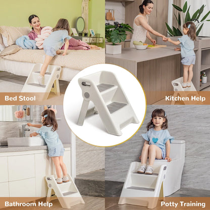 UNCLE WU Folding 2 Step Stool for Kids -Potty Training Stool for Kitchen Helper,Bathroom,Bedroom (White)