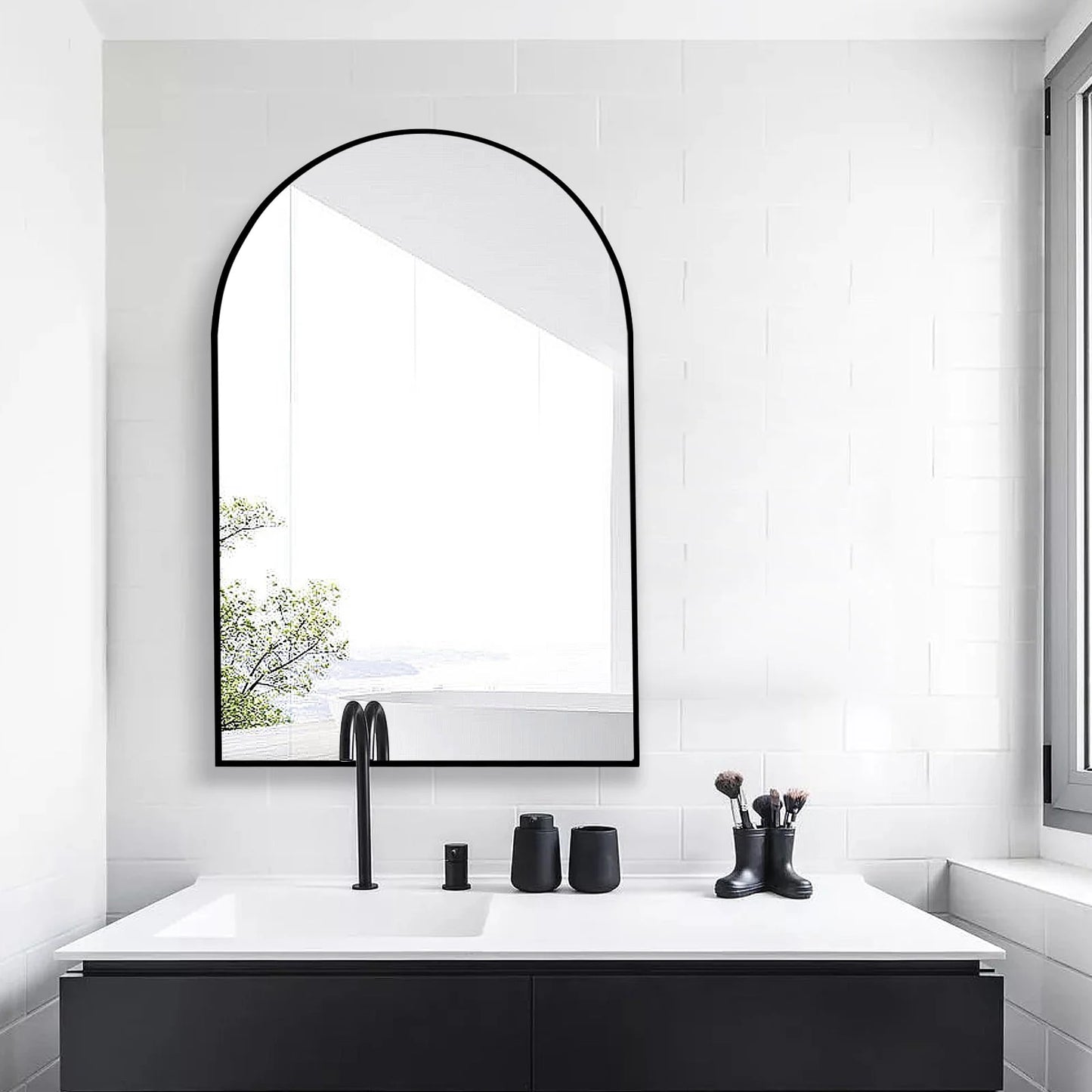 GLSLAND Wall Mounted Mirror, 20" x 30" Arch Bathroom Mirror for Wall, Vanity Mirror for Bedroom, Black