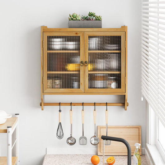 24.8'' Vintage Wall Cabinet with Glass Door, Double Fluted Door Storage Cabinet with 3 Tiers of Storage and Towel Rack, for Kitchen, Dining Room, Bathroom, Natural