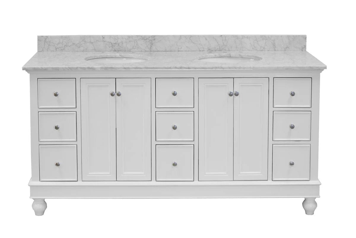 Bella 72" Double Bathroom Vanity with White Cabinet and Carrara Marble Top