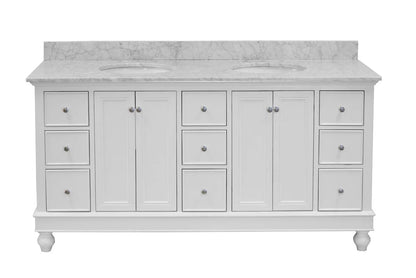 Bella 72" Double Bathroom Vanity with White Cabinet and Carrara Marble Top