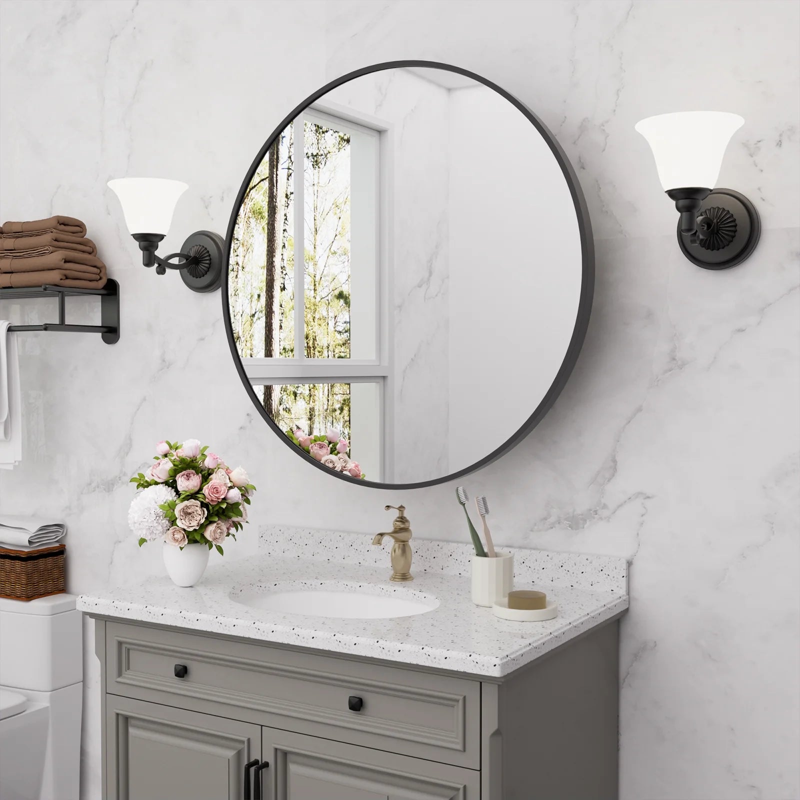 WallBeyond Bathroom Medicine Cabinet with Round Mirror Aluminum Framed 28", Gold