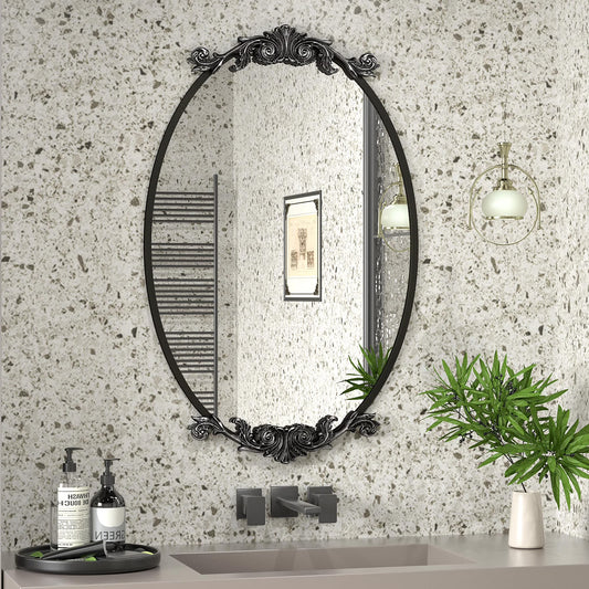 Apmir Arched Wall Mirror Oval Vintage Carved Antique Metal Frame for Bathroom