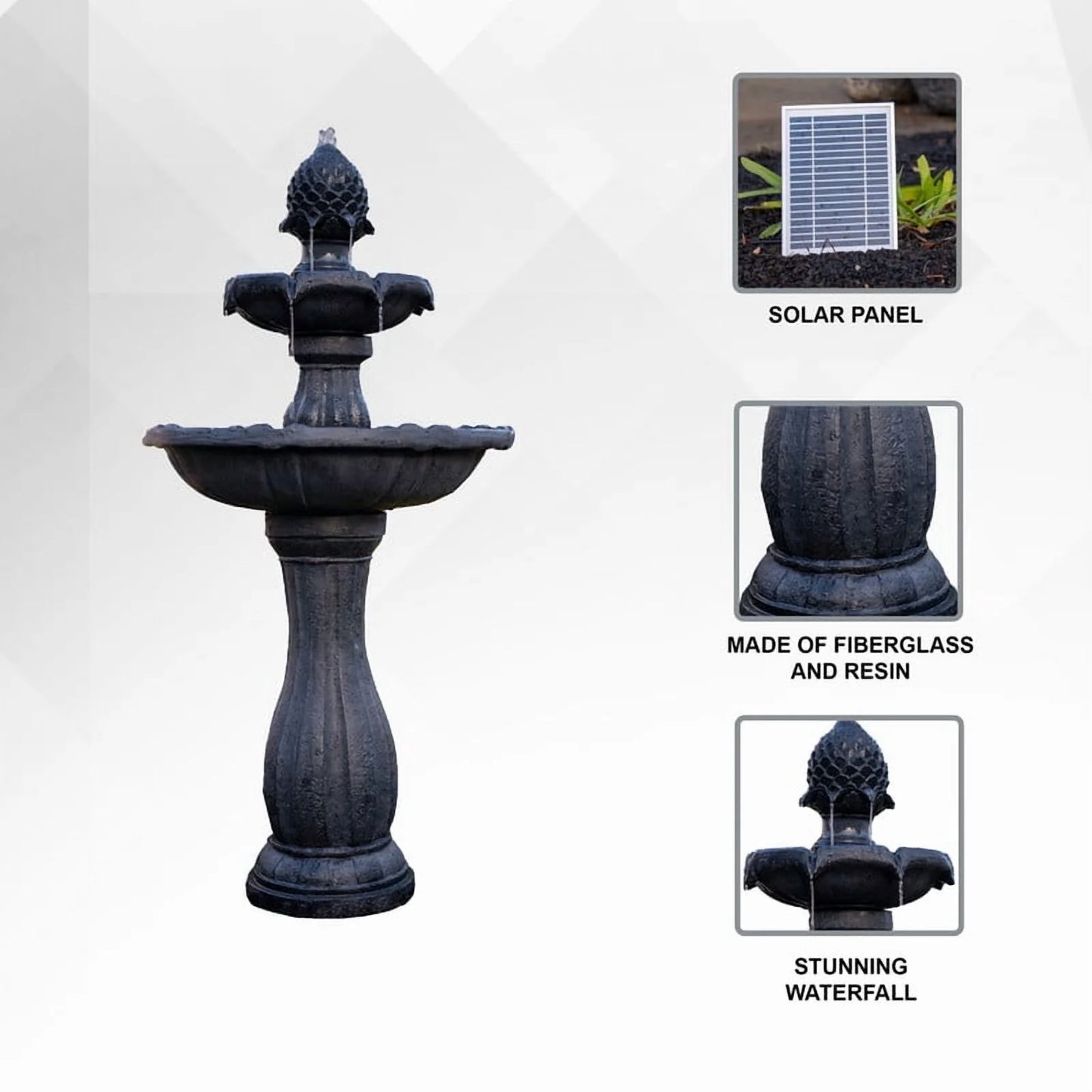 XBrand 44" H Black Fiberglass/Resin 2-Tier Solar Water Fountain w/ Solar Panel and Auto-Shut Off Pump, Solar Garden Fountain, Tall Outdoor Fountain, Two Tiered Birdbath Fountain