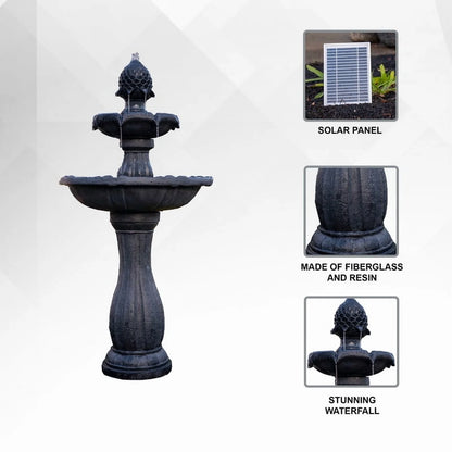 XBrand 44" H Black Fiberglass/Resin 2-Tier Solar Water Fountain w/ Solar Panel and Auto-Shut Off Pump, Solar Garden Fountain, Tall Outdoor Fountain, Two Tiered Birdbath Fountain