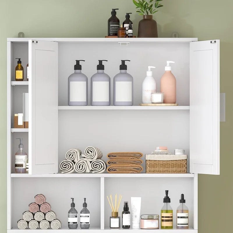 Frmobepts Over The Toilet Storage Cabinet with Toilet Paper Holder Stand, Above Toilet Organizer with Doors, Behind Toilet Shelf for Restroom, Bathroom, Laundry, White