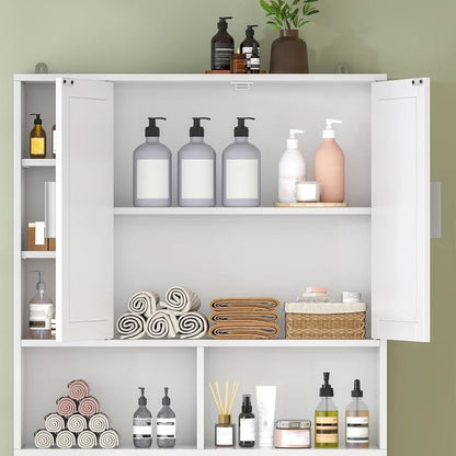 Frmobepts Over The Toilet Storage Cabinet with Toilet Paper Holder Stand, Above Toilet Organizer with Doors, Behind Toilet Shelf for Restroom, Bathroom, Laundry, White