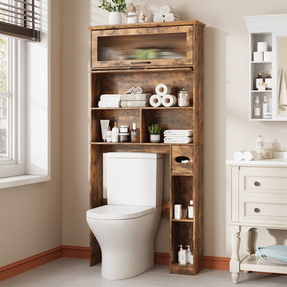 Vabches Over The Toilet Storage Cabinet with Transparent Flip Door, 33.2''W Bathroom Over Toilet Shelf Space Saver with Toilet Paper Holder