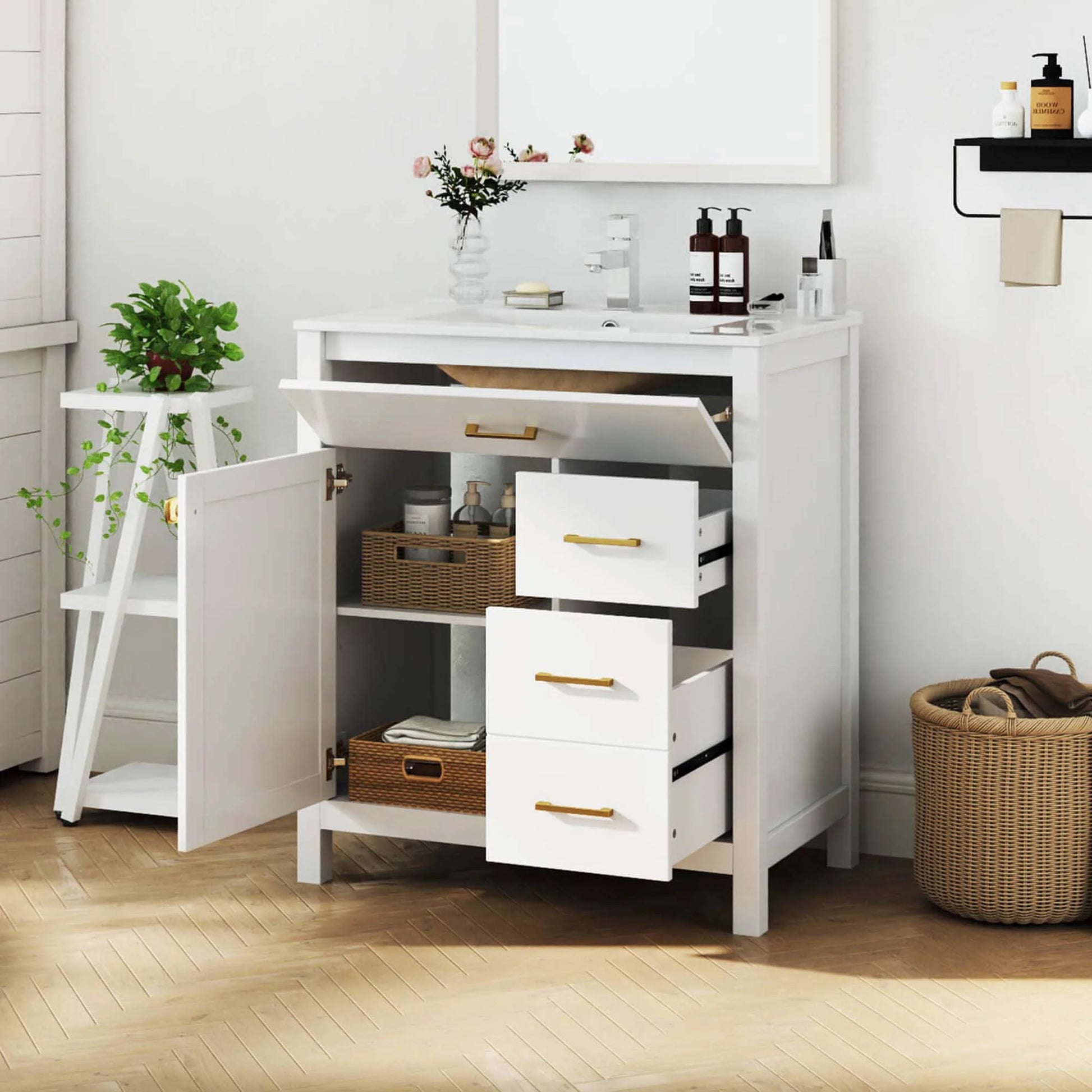 Costway 30" Bathroom Vanity with Sink 2 Drawers 1 Door 1 Flip-out Drawer Solid Wood Legs