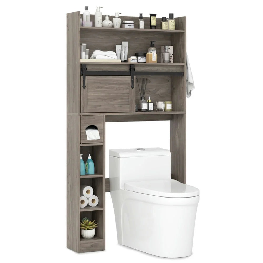 Topcobe Over The Toilet Storage Cabinet with Sliding Barn Door and Adjustable Shelves, Bathroom Furniture, Bathroom Shelves, White