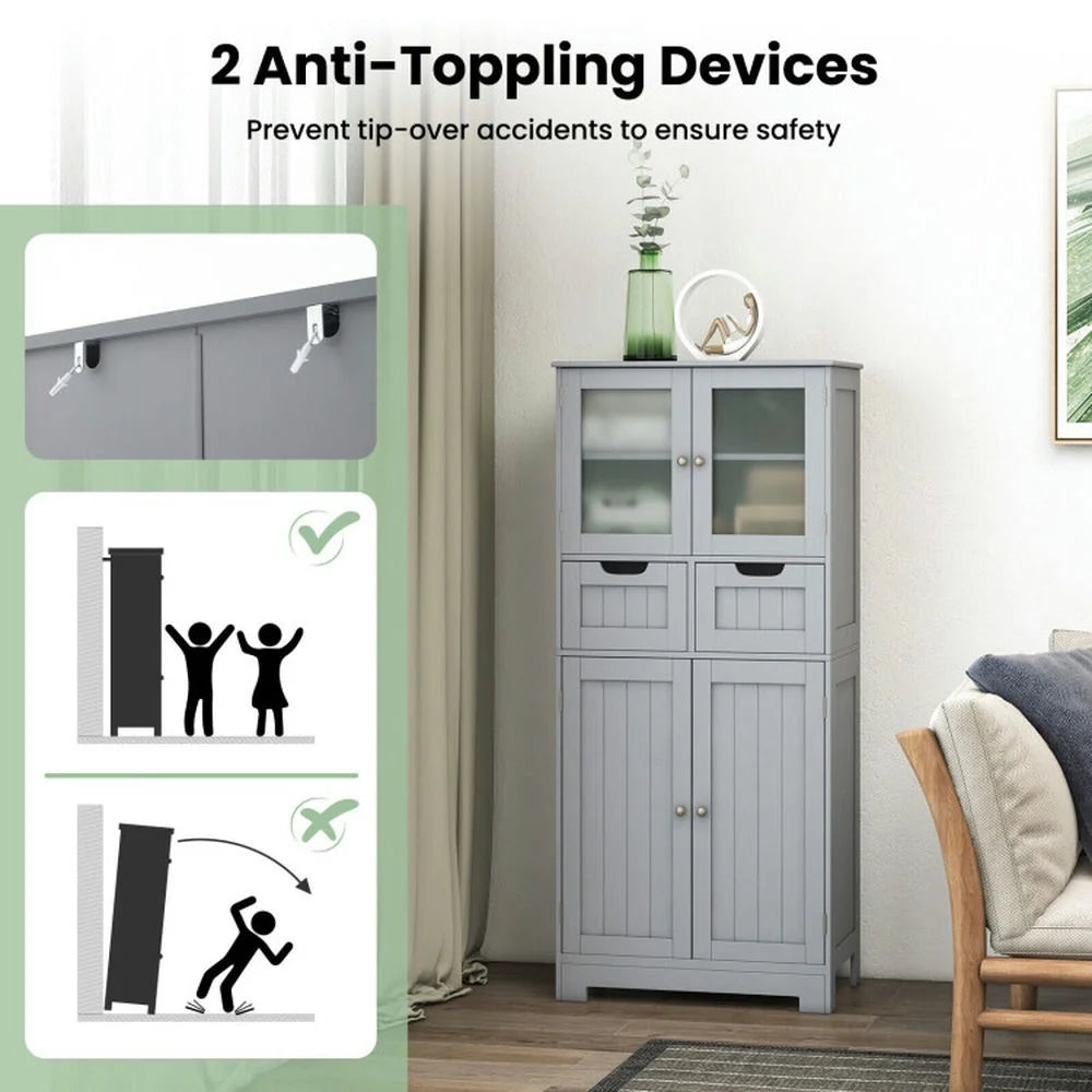 Resenkos 4 Door Freee-Standing Bathroom Cabinet with 2 Drawers and Glass Doors-Gray, Bathroom Cabinets for Entryway Storage, Home Office Furniture