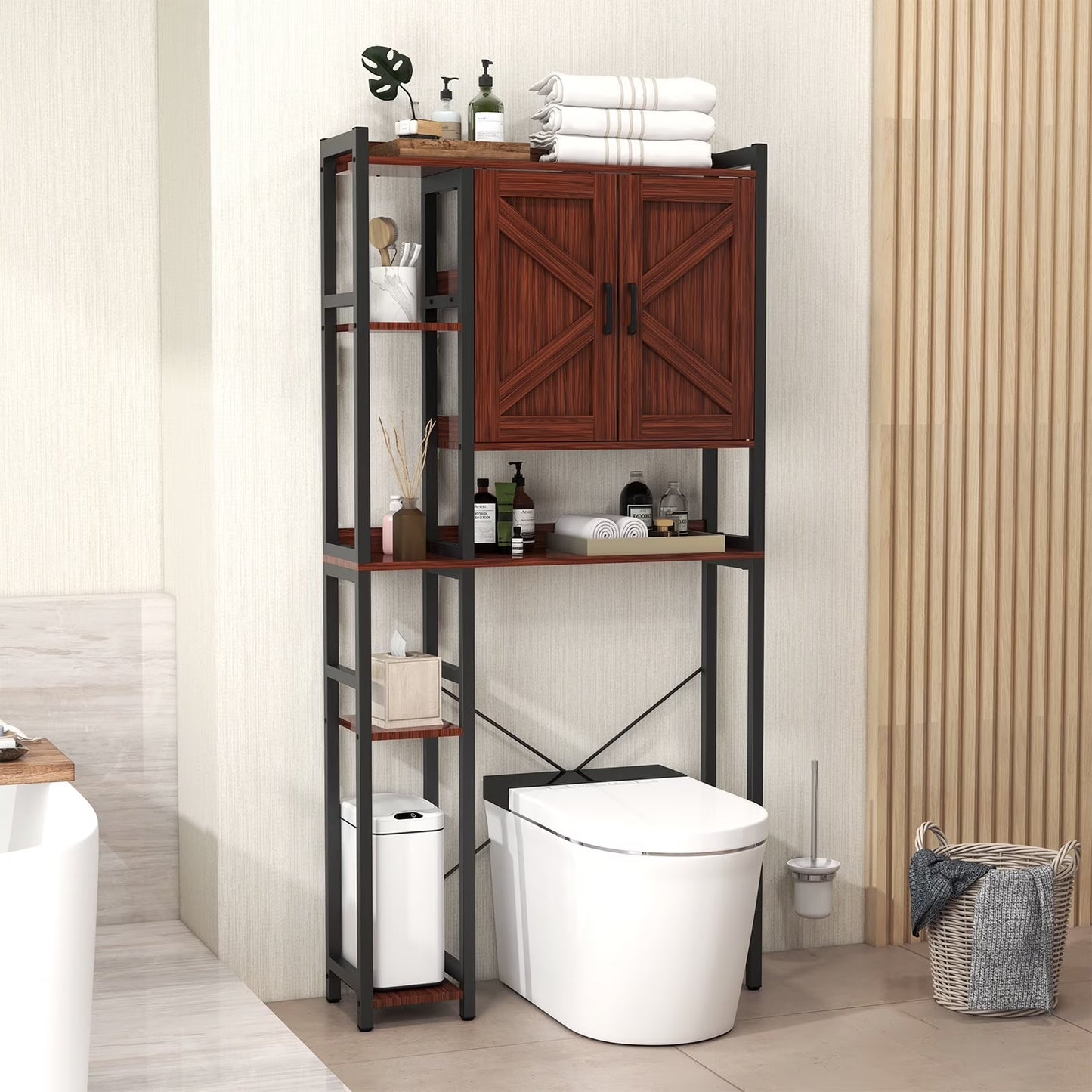 JOIVI Over The Toilet Storage Cabinet, Over Toilet Bathroom Organizer with Adjustable Shelf and Double Doors, Home Space-Saving Toilet Rack, White