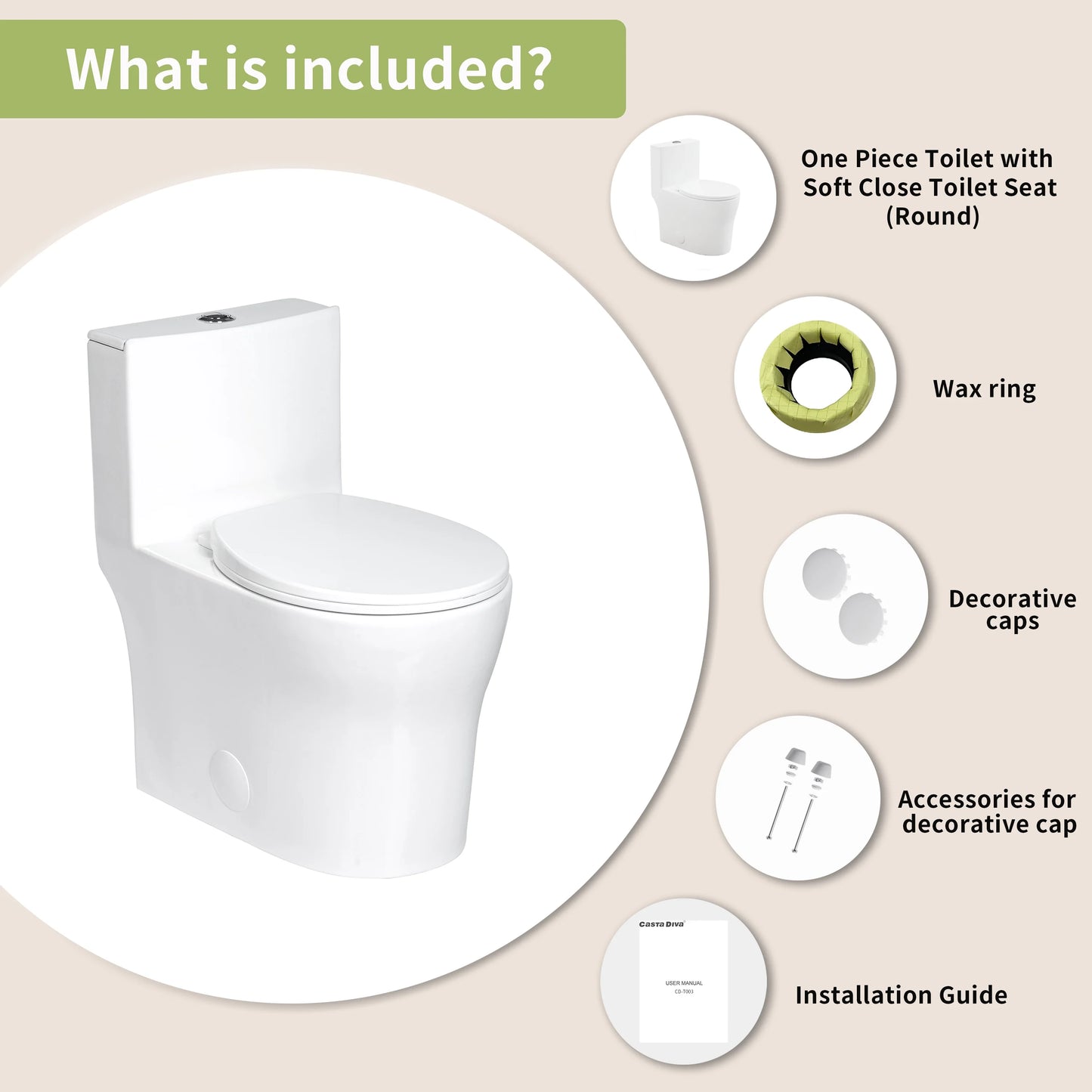 Casta Diva Round Toilet White 1-Piece Toilet for Small Bathrooms, Power Dual Flush and MAP 1000g (Seat Included), 12'' Rough-in