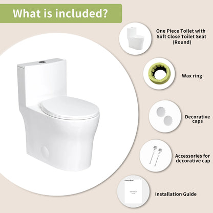 Casta Diva Round Toilet White 1-Piece Toilet for Small Bathrooms, Power Dual Flush and MAP 1000g (Seat Included), 12'' Rough-in
