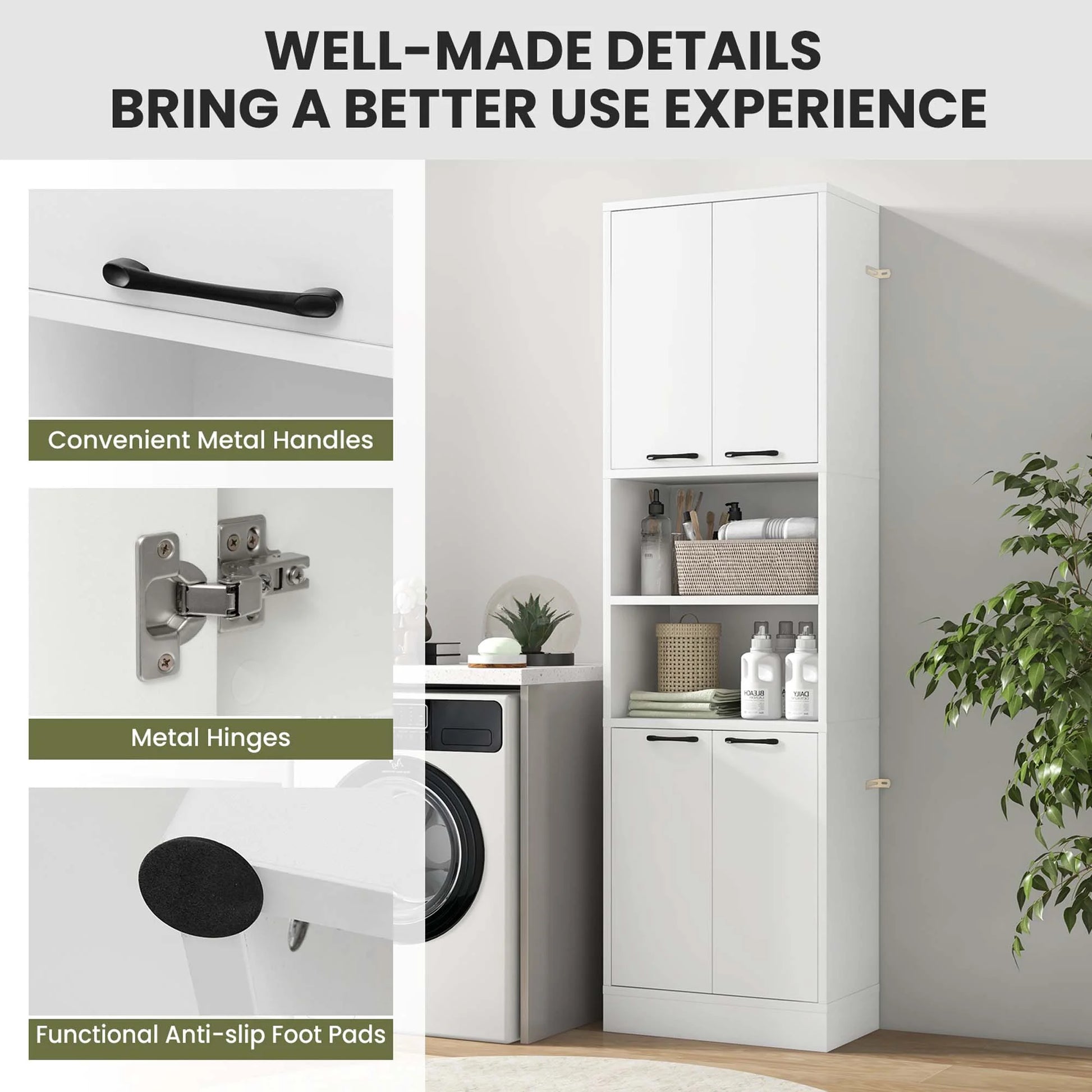 Costway 75" Tall Bathroom Storage Cabinet with 4 Doors & 2 Open Compartments Freestanding White