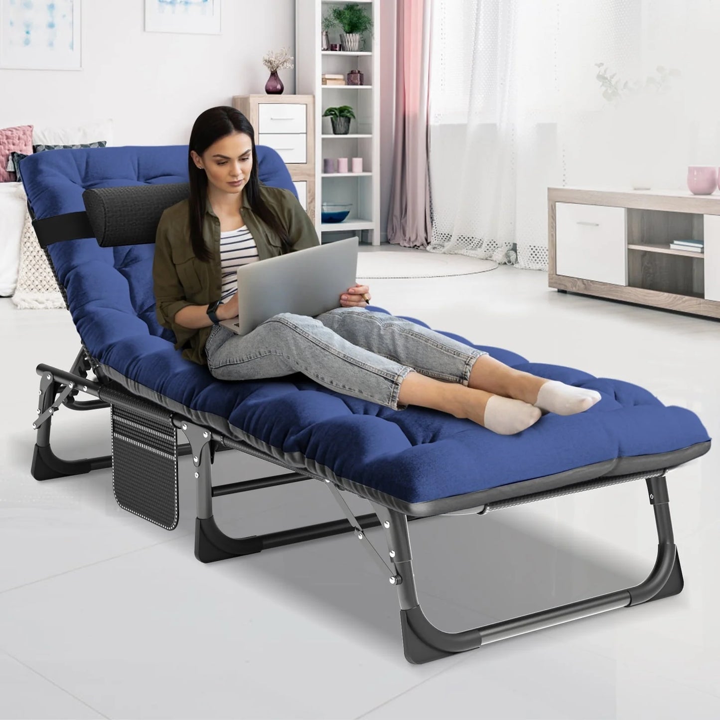 MOPHOTO Adult Camping Cot Adjustable 4-Position Folding Cot, Portable Heavy Duty Sleeping Bed, Outdoor Patio Folding Lounge Chair for Sunbathing