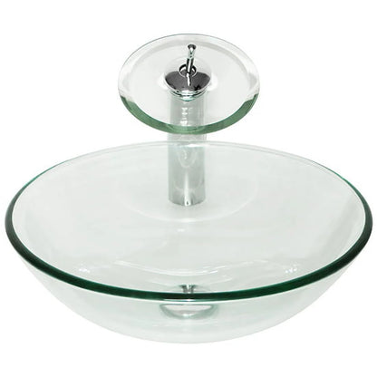 Wonline Bathroom Tempered Clear Glass Vessel Sink Waterfall Faucet & Pop-up Drain