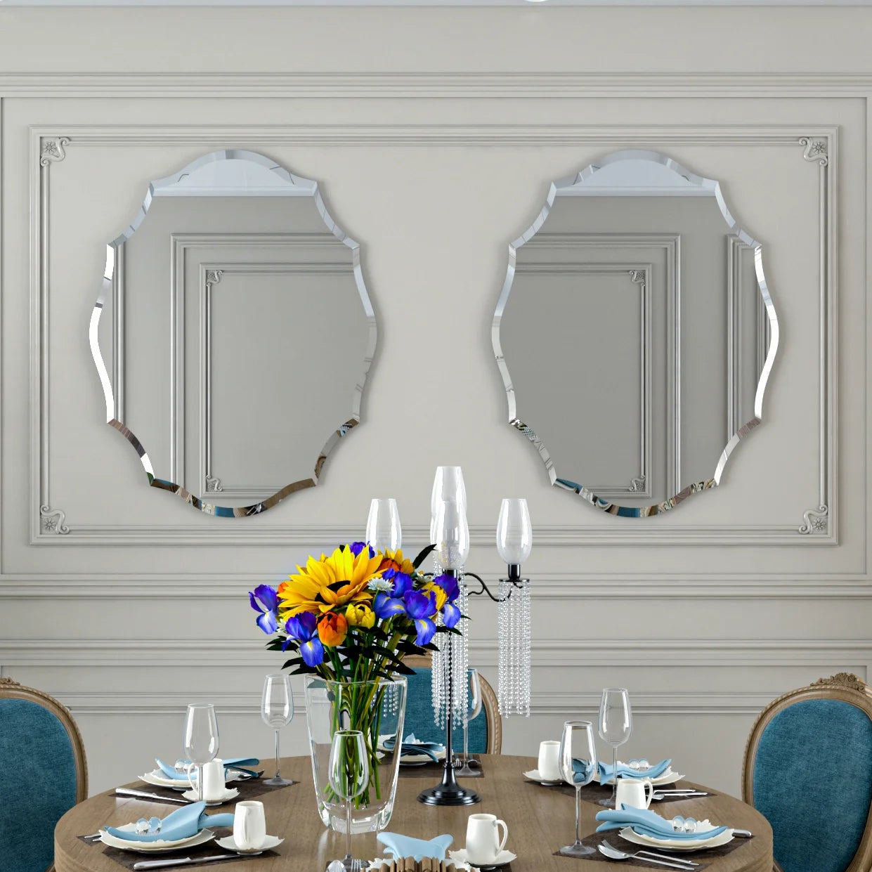 LUVODI Beveled Edge Wall Mirror Bathroom Mirror Vanity Scalloped for Home Living Room 25x32in