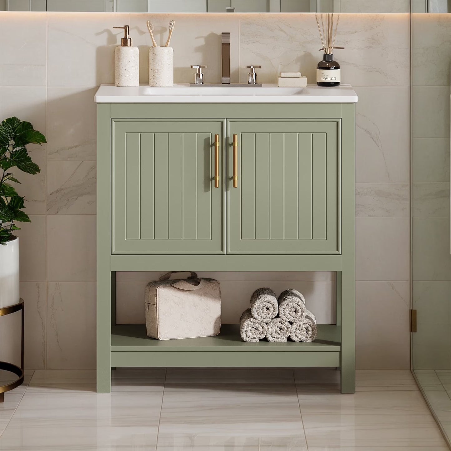 30" Freestanding Single Bathroom Vanity with Ceramic Top and Bottom Open Shelf, White