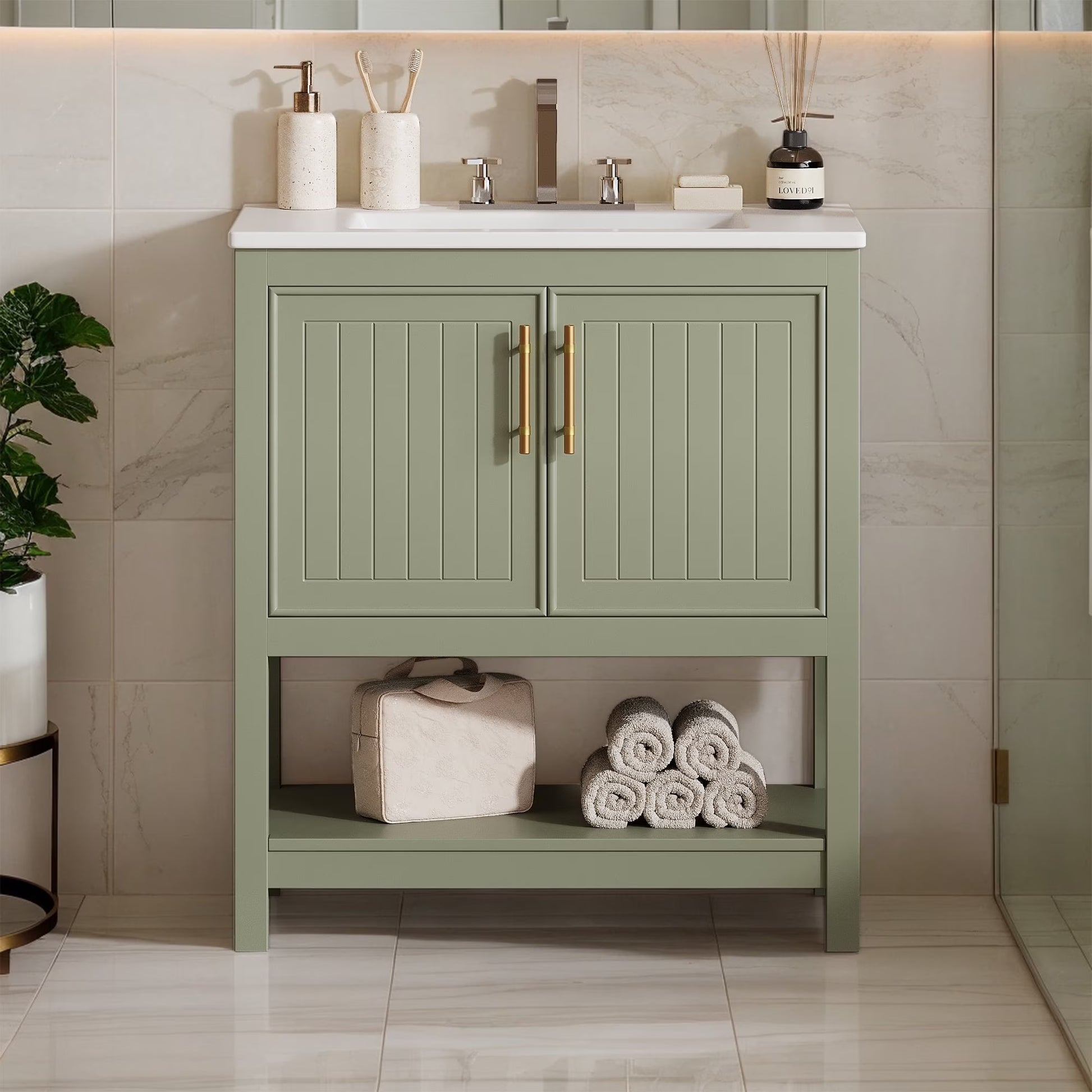 30" Freestanding Single Bathroom Vanity with Ceramic Top and Bottom Open Shelf, White