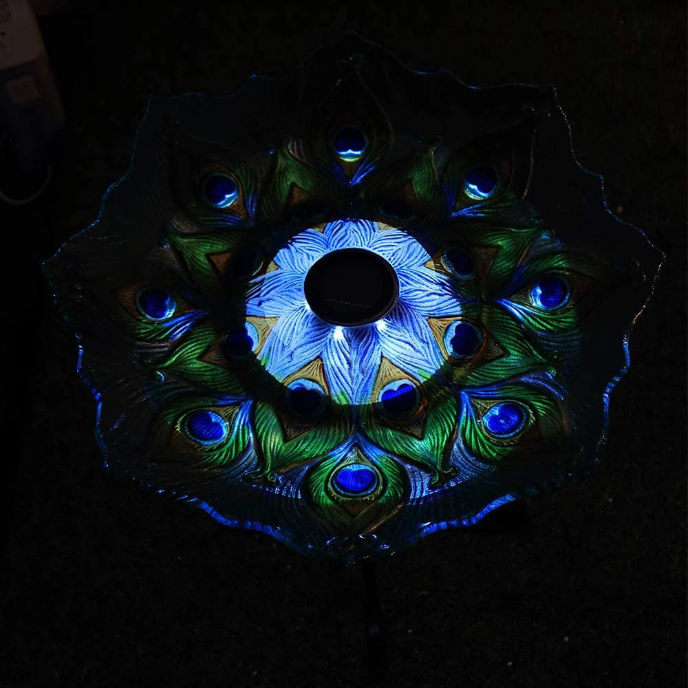 Outdoor Bird Bath with Metal Stand, 21.65" H Peacock Glass Birdbaths with Solar Light for Lawn Yard Garden Decor, 18" Dia
