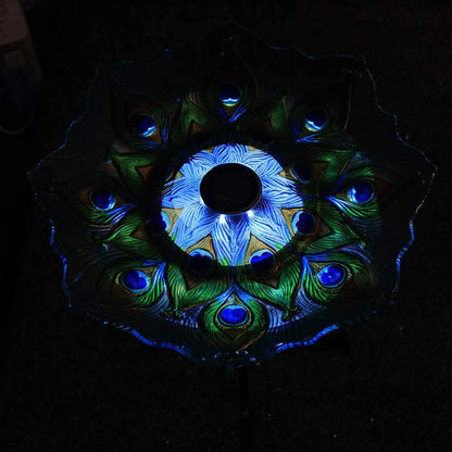 Outdoor Bird Bath with Metal Stand, 21.65" H Peacock Glass Birdbaths with Solar Light for Lawn Yard Garden Decor, 18" Dia