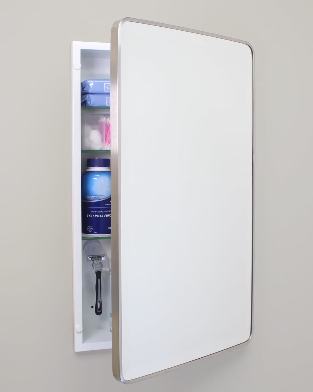 16x26 Austin Farmhouse Metal Framed Rounded Rectangle Recessed Bathroom Medicine Cabinet, Beveled Mirror, 14x24 in-Wall Opening, Powder-coated Steel, Adjustable Glass Shelves, Magnet Close, Gold
