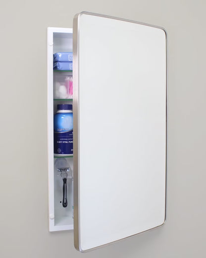16x26 Austin Farmhouse Metal Framed Rounded Rectangle Recessed Bathroom Medicine Cabinet, Beveled Mirror, 14x24 in-Wall Opening, Powder-coated Steel, Adjustable Glass Shelves, Magnet Close, Gold